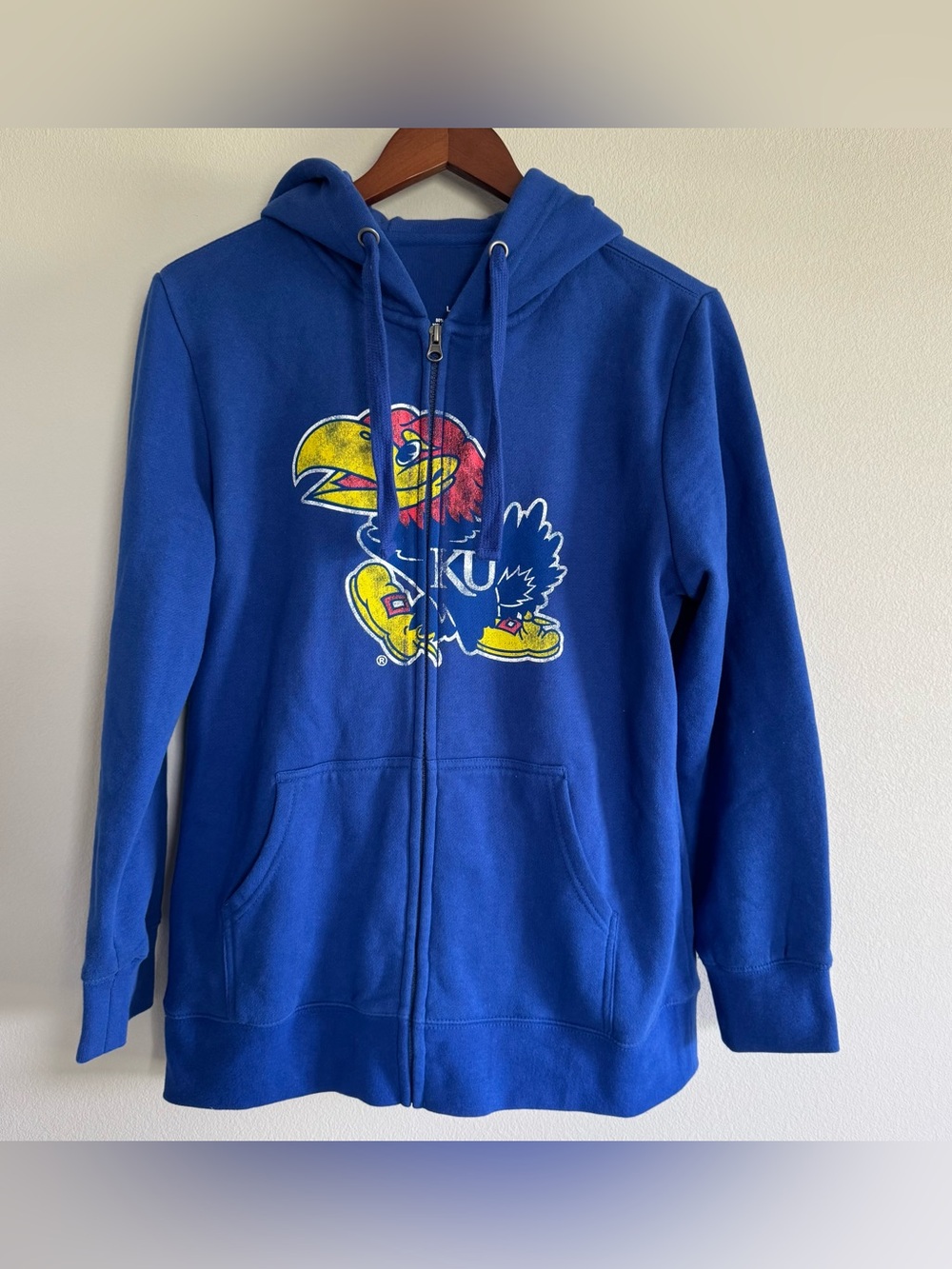 Kansas Jayhawks Full Zip Blue Hoodie Jacket Distressed Graphic Size L